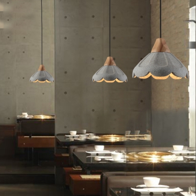 Nordic Style Scalloped Pendant Lighting Concrete 1-Light Hanging Light Fixture with Wooden Cap