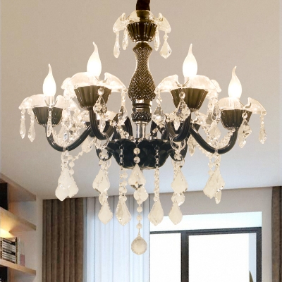 Traditional Black Pendant Chandelier Metal Crystal 6 Light Candle Ceiling Pendant for Kitchen Dining