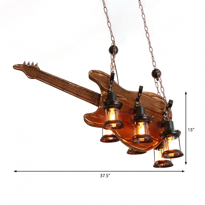 Unique Guitar Pendant Lights Iron and Wood 6 Heads Black Hanging Ceiling Lights for Restaurant