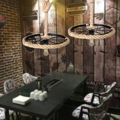 Wheel Pendant Ceiling Lights Country Metal 1 Light Rope Hung Pendant in Black for Dining Room