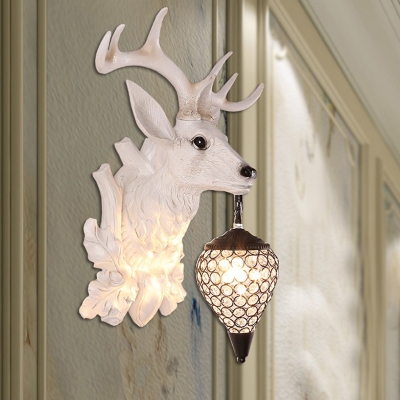 White Deer Wall Lamp with Clear Crystal Shade 1 Head Indoor Wall Sconce Light for Dining Room
