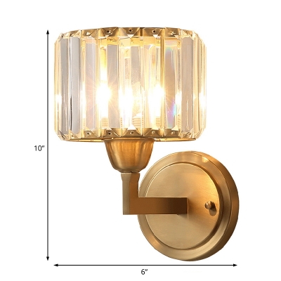 1 Light Crystal Shade Wall Lighting Modern Metal Cylinder Sconce Light Fixture in Brass for Bedroom