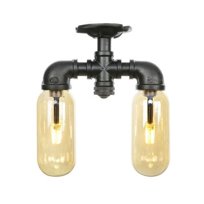 2-Light Pipe Semi Flush Light Industrial Style Iron and Glass Semi Flush Pendant Light in Black for Indoor