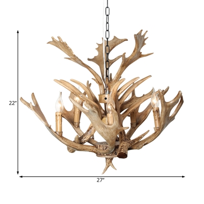 5 Heads Candle Hanging Lamp with Deer Horn Resin Rustic Chandelier in Beige for Living Room