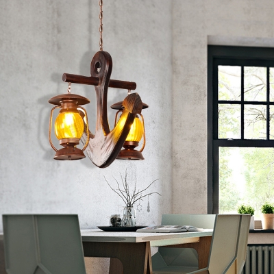 Anchor Island Light Mediterranean Wood and Iron 2 Light Island Pendant with Yellow Ribbed Glass over Island