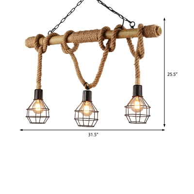 Black Cage Island-Light Rustic Iron Rope 3 Heads Ceiling Pendant Light with Chain for Clothing Store