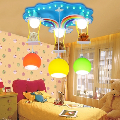 Cloud and Rainbow Flush Light with Bear Decoration Kids Glass Shade 6 Lights Pendant Light