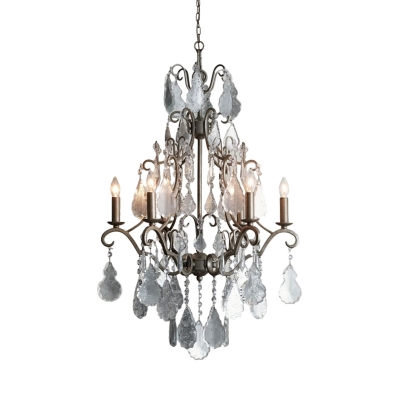 Crystal Chandelier Lighting with Candle French Country 6 Light Pendant Lamp in Pewter