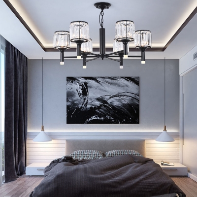 Cylinder Chandelier Light Modern Iron Crystal Fringe Ceiling Chandelier in Black for Living Room
