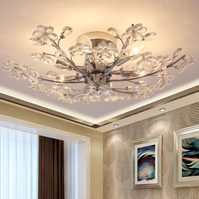 Flower Crystal Ceiling Chandelier Contemporary Metal 6 Lights Ceiling Light Fixture in Silver