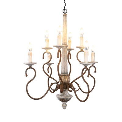 French Rustic Candle Hanging Chandelier Wood and Metal 8 Lights Dining Room Pendant Light