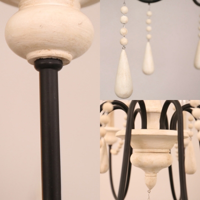 French Style Candle Pendant Light with Wooden Bead 12 Lights 2 Tiers Chandelier Light in Black