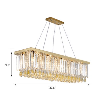Gold Rectangular Island Light Modern Crystal Fringe Hanging Pendant Lights for Dining Room, Stainless Steel
