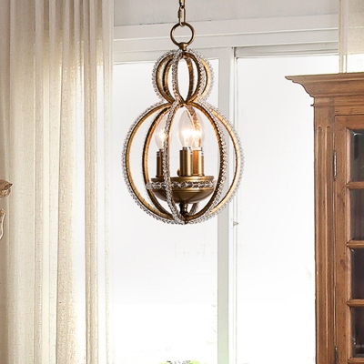 Gourd Chandelier Light with Clear Crystal Bead Vintage 3 Lights Living Room Lighting in Warm Brass