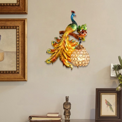 Hand Painted Peacock Wall Lamp with Globe Lampshade 1 Light Resin Decorative Wall Light
