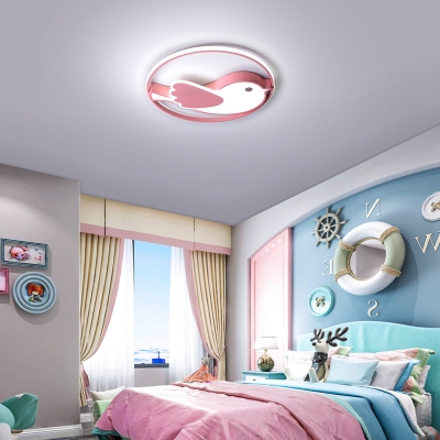 Modern Kids Bedroom Flush Light with Bird Shaped Shade and Ring Led Metallic Flushmount