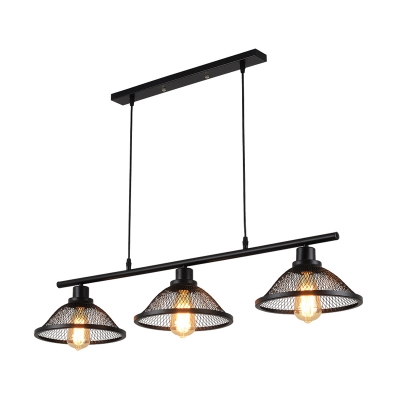 Retro Style Island Pendant Iron 3 Light Mesh Hanging Light Fixtures in Black over Kitchen Island