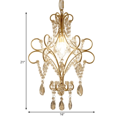 Single Light Crystal Pendant Lighting Rustic Indoor Ceiling Hanging Light in Gold