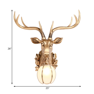 Vintage Stag Head Wall Mount Lighting with White Glass Globe Shade 1 Light Resin Wall Lamp