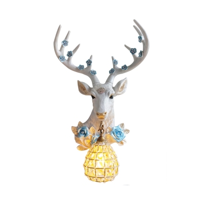White Resin Deer Sconce Light with Blue Rose and Crystal Lampshade Country Style 1 Light Decorative Wall Light