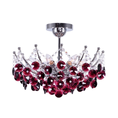 Wine Red/Amber/Dark Gray Semi Flush Ceiling Light Contemporary Metal Crystal 6 Light Semi Flush Chandelier for Bedroom