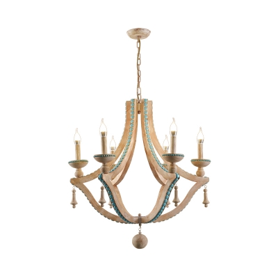 6 Lights Candle Ceiling Pendant Light with Turquoise Accents Solid Wood French Chandel