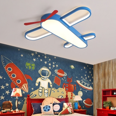 Blue Aircraft Flush Ceiling Light Kids Style Metal Flush Mount Light With Acrylic Diffuser
