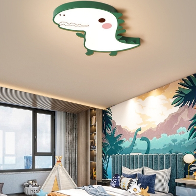 Cartoon Dinosaur Ceiling Flush Light With Frosted Diffuser Green Pink