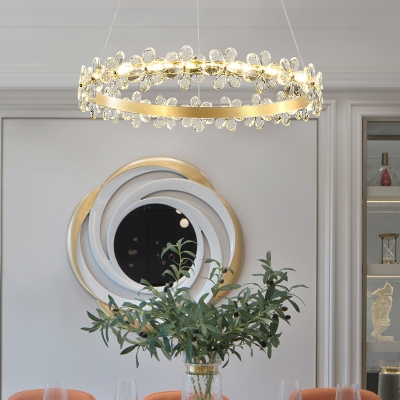 Gold Round Pendant Light with Clear Crystal Flower Contemporary Indoor Lighting for Living Room