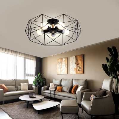 Metal Cage Semi Flush Mount Living Room 3/4/5 Light Modern Wood Ceiling Light in Black/Gold/White