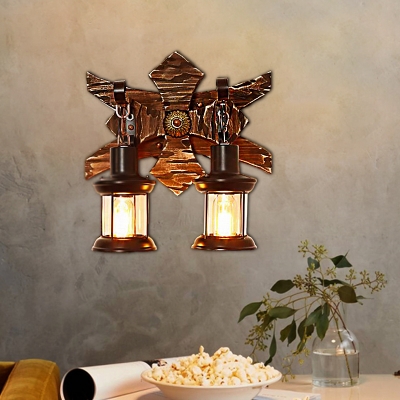 Nautical Creative Sconce Lights Iron 2 Heads Sconce Light Fixture with Wooden Base for Coffee Shop