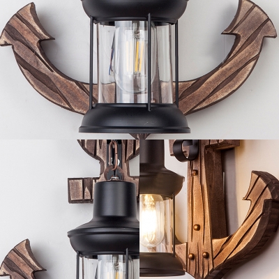 Nautical Style Lantern Sconce Lamp Iron and Glass 1 Head Sconce Light Fixture with Wooden Base in Black
