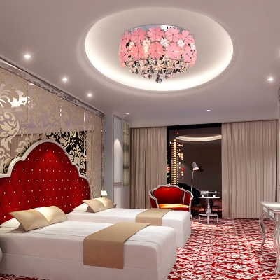 Pink Flower Ceiling Fixture Contemporary Crystal Round Ceiling Light Fixture for Girls Room Bedroom