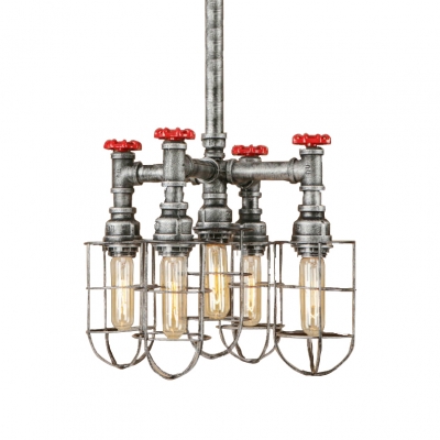 Red Valve Hanging Light Fixtures Retro Iron 5 Lights Cage Pendant Chandelier in Olde Silver Gray for Indoor