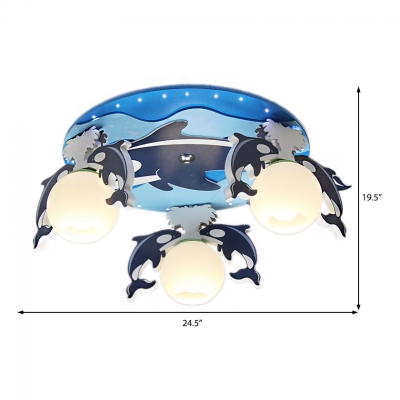 Wood Dolphin Ceiling Light Cartoon 3 Heads Semi Flush Light with Opal Glass Shade