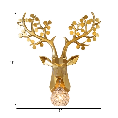 Art Deco Modern Deer Wall Light with Crystal Lampshade Metal 1 Light Wall Sconce