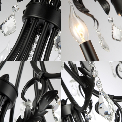 Candle Pendant Chandelier Traditional Metal Crystal Ceiling Pendant Lights in Black for Living Room