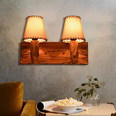 Cappuccino Shade Wall Mounted Light Country Fabric and Wood Wall Sconce Lighting for Coffee Shop