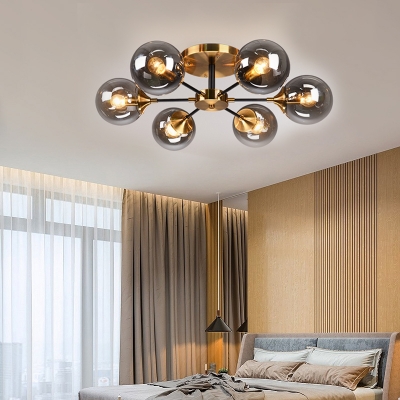 Glass Orb Semi Flush Light with Radial Design Mid Century Ceiling Light Fixture in Brass