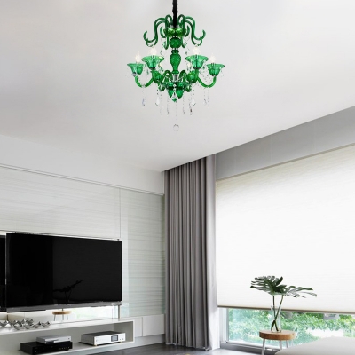 Green Pendant Chandelier Modern Glass and Crystal 6 Light Candle Ceiling Pendant for Kitchen Dining