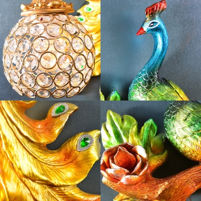 Hand Painted Peacock Wall Lamp with Globe Lampshade 1 Light Resin Decorative Wall Light