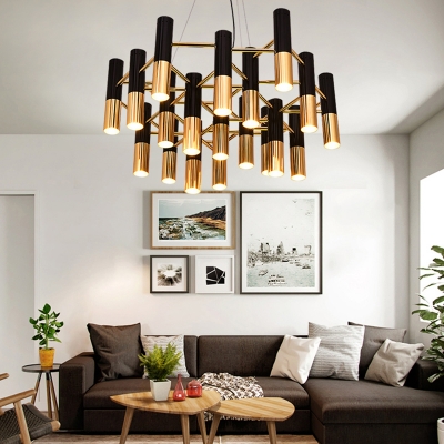 LED Tube Hanging Chandelier Modernism Black and Brass Pendant Light with Metal Shade