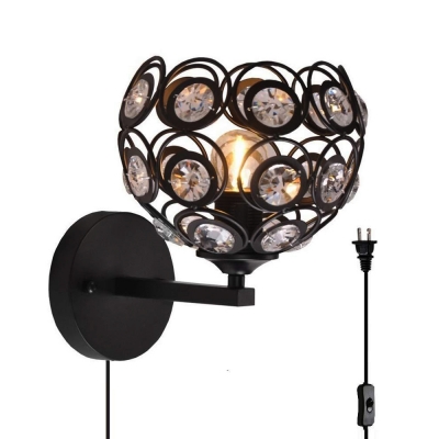 Modern Bowl Wall Mounted Light Metal Crystal 1 Bulb Plug in Sconce Lamp in Black for Coffee Shop