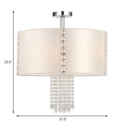 Modern Drum Semi Flush Ceiling Light with White Fabric Shade and Crystal Accents 5 Lights Ceiling Lamp in Chrome