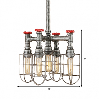 Red Valve Hanging Light Fixtures Retro Iron 5 Lights Cage Pendant Chandelier in Olde Silver Gray for Indoor