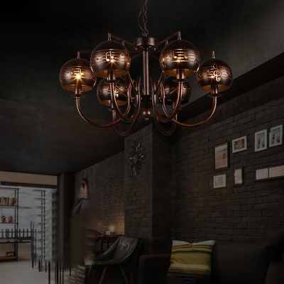 Rust Sphere Hanging Chandelier Industrial Modern Metal 6 Light Hanging Pendant with Hollow Leaf Lampshade for Indoor