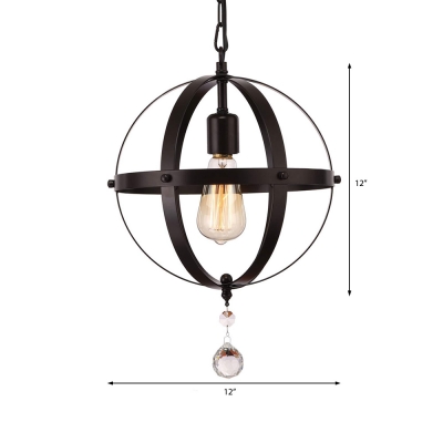 Sphere Hanging Light Fixtures for Dining Room, Vintage Iron 1 Light Pendant Lights with Crystal in Black