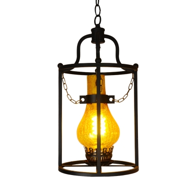 Traditional Cylinder Cage Hung Pendant Steel and Glass 1 Bulb Ceiling Pendant with Chain for Dining Table