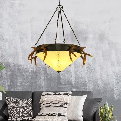 Traditional White/Yellow Hanging Light Cone Shade 3 Heads Glass Pendant Lamp with Antlers for Villa