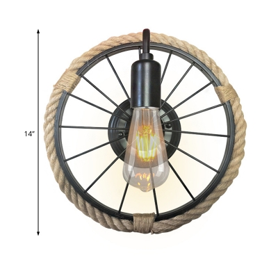 Wheel Sconce Wall Lamps Lodge Rope and Metal 1 Bulb Arched Sconce Wall Lights for Coffee Shop